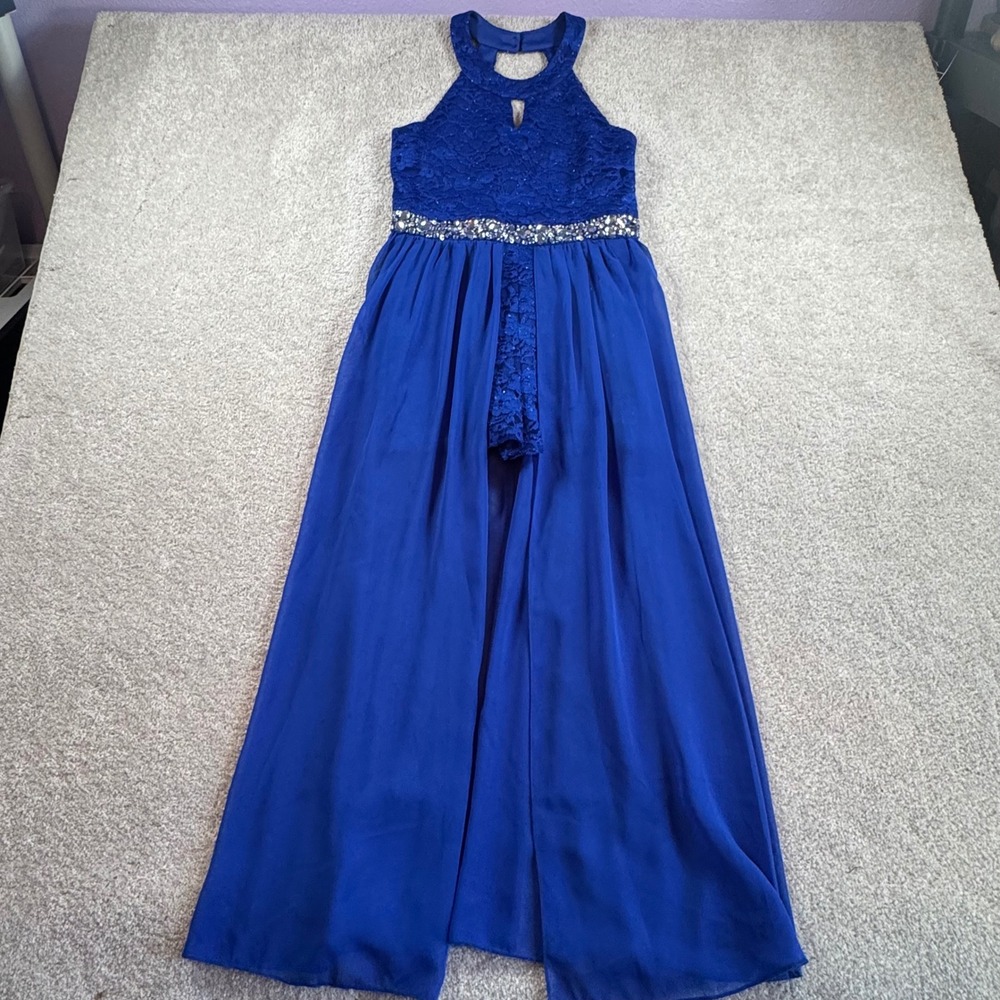 Speechless Kids Royal Blue Lace Rhinestone Romper Maxi Dress Sz 12 SC224D23H908 - Picture 2 of 9